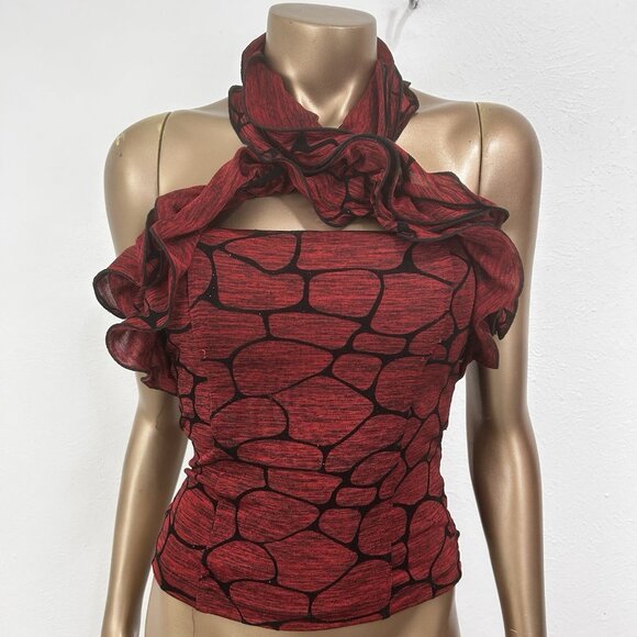 VTG 90s Red Ruffled Loop‎ Neck Sleeveless Smocked Crop Top Sz S Whimsigoth Vamp - Picture 2 of 10